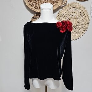 Cachet Black Velvet Blouse with Red Rose Detail